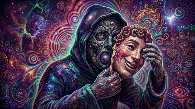 Psychedelic illustration of hooded figure with multiple eyes removing a smiling mask concept for duality and true self