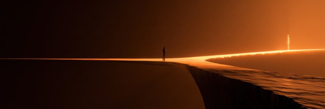 A figure stands on the edge of a dark chasm, looking at a bright version of themselves across an amber bridge of progress.