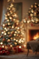 Obraz premium Christmas Decorations With Blurred Lights and a Warm Fireplace in a Cozy Living Room