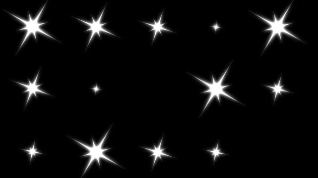 Shiny glowing stars, blinking cartoon stars, sparkle star twinkle motion graphics featuring white cartoon flat vector doodles, black screen twinkling star sparkle overlay, 4K