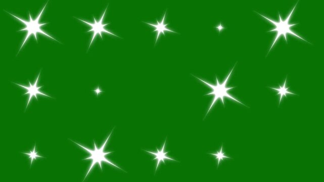 Shiny glowing stars, blinking cartoon stars, sparkle star twinkle motion graphics featuring white cartoon flat vector doodles, green screen twinkling star sparkle overlay, 4K