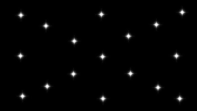 Twinkling stars animation, sparkling stars doodles style stars blinking, glitter, night sky, white cartoon, flat, vector, doodles style stars, black screen background 4k animation