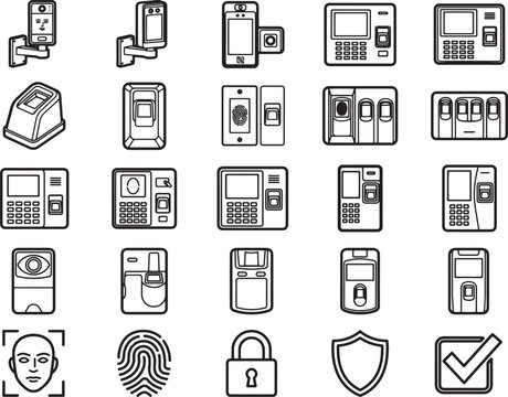 Collection of icon line art for access control systems, featuring fingerprint scanners, facial recognition, keypads, and security locks, symbolizing modern security technology.