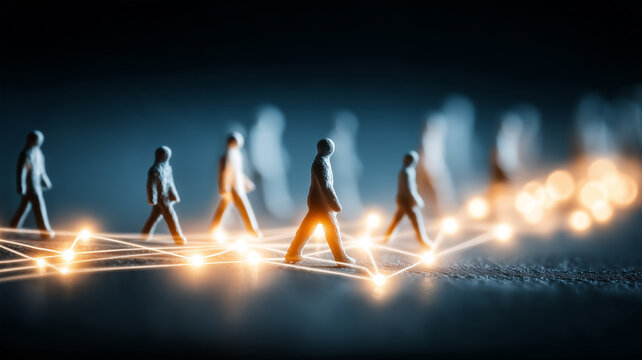 Miniature people walking across a connected glowing network represent customer journey behavior tracking and digital movement analysis.
