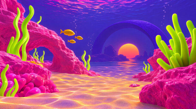 Vibrant and surreal artwork of an underwater sunset with pink rocks, green plants, yellow fish and purple arch over sandy floor with light ripples