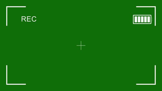 Viewfinder overlay with REC indicator and battery on a bright green screen, simulating a digital camera display for video production and animation projects