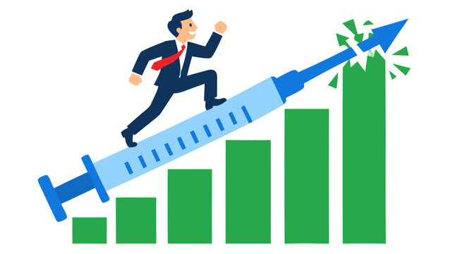 A joyful businessman in a suit runs upward along a large blue medical syringe shaped like an ascending arrow piercing through a green bar chart on white in this vector illustration