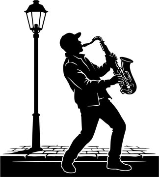 Saxophonist Playing Saxophone on Street Under Vintage Street Lamp Vector Silhouette