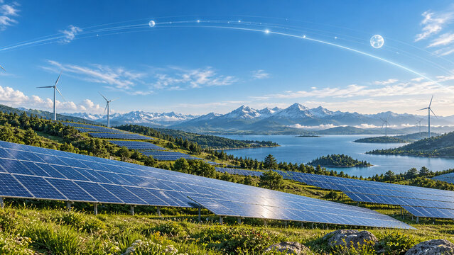 Solar panels and wind turbines overlook a blue lake and snowy mountains, with glowing arcs across the sky suggesting clean energy connectivity.