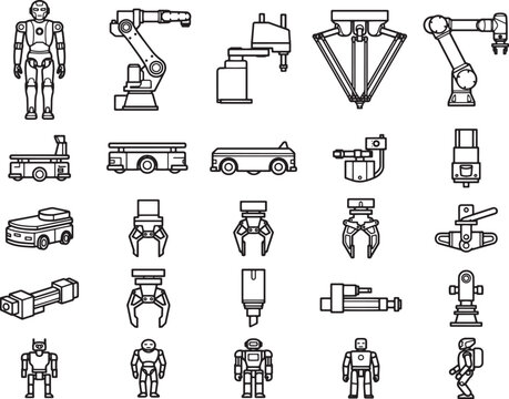 A collection of robotic arm and machine components, including humanoid robots, industrial automatons, and robotic grippers, depicted in a clean, illustrative line art style.
