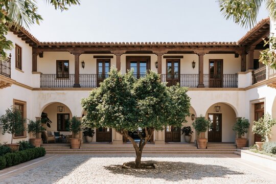 Lush green courtyard with a central tree, potted plants and stone paving around a Mediterranean villa with arched loggias and terracotta details, sunny Spanish revival estate.