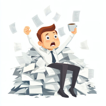Cartoon stressed businessman buried in a huge pile of paperwork, raising his arms in panic with a coffee cup while documents fly around, overwhelmed office worker concept on white background