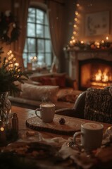 Obraz premium Cozy Setting With Warm Drinks and Festive Decorations in a Living Room