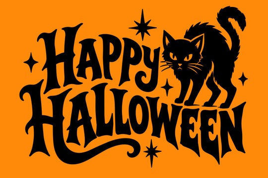 Happy Halloween vector graphic with black cat in a hand lettering style font