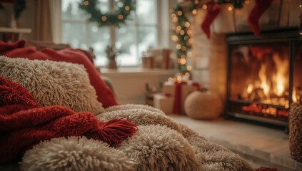 Fototapeta premium Cozy Setting With Warm Fire and Decorative Elements During Winter Season