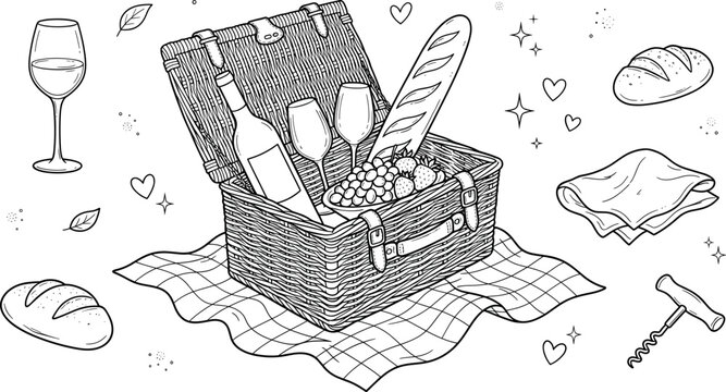 Picnic wicker hamper vector illustration set with wine bottle glasses baguette bread loaf blanket and corkscrew sketch elements