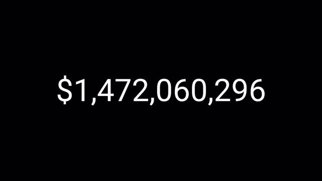 dollar number counter animation 0 to 5000000000 on black background, zero to five billion with dollar sign in 4k animation with alpha channel.