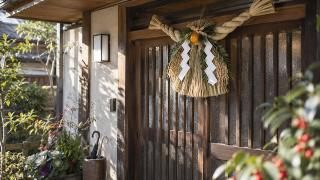 Traditional Japanese New Year Shimenawa Decoration at a Family Home Entrance