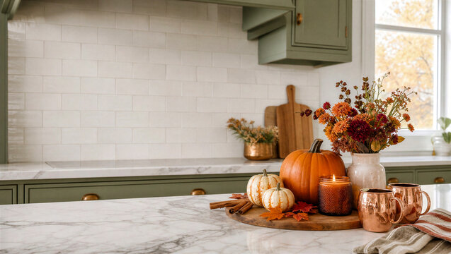 Vertical Fall Kitchen Decor with Pumpkins and Autumn Flowers