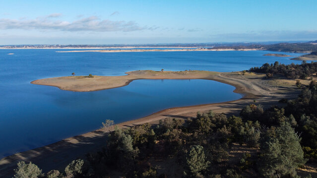High-Angle View of Rocky Beach, Peninsula and Low Water Level at Folsom Lake, California