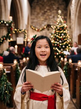 Girl singing carols holding songbook in church