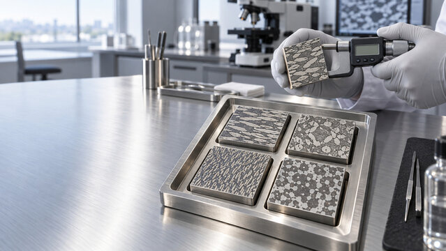 Gloved hands use a digital micrometer to measure a patterned material sample beside a tray of specimens on a stainless steel laboratory workbench.