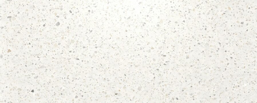Terrazzo seamless texture, polished white terrazzo surface with fine grey and beige aggregate chips, modern decorative stone background, repeatable material tile