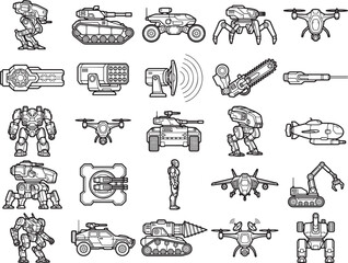 Obraz premium A collection of pixel art illustrations depicts a variety of futuristic military and combat vehicles, robots, and weaponry, showcasing a range of technological advancements in a monochromatic palette.