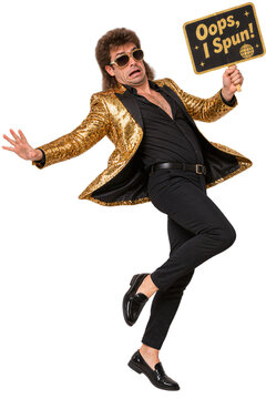 Surprised man in gold sequined blazer holding Oops I Spun sign while stumbling, wearing retro 80s fitness apparel, athletic sneakers, and vibrant accessories isolated on transparent background.