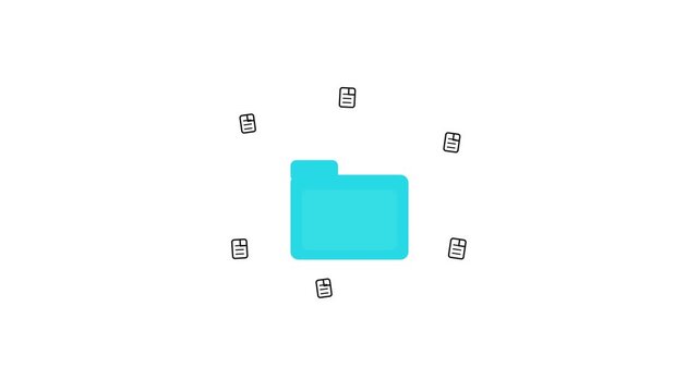 Animated blue folder icons with rotating digital file documents