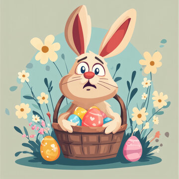 Cute cartoon Easter bunny with a worried face peeking out of a wooden basket full of colorful painted eggs, surrounded by spring daisies and flowers, a charming holiday illustration in soft pastel col