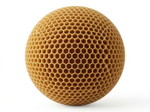 A 3d golden sphere with a geometric honeycomb pattern texture isolated on a clean white background for modern design concepts
