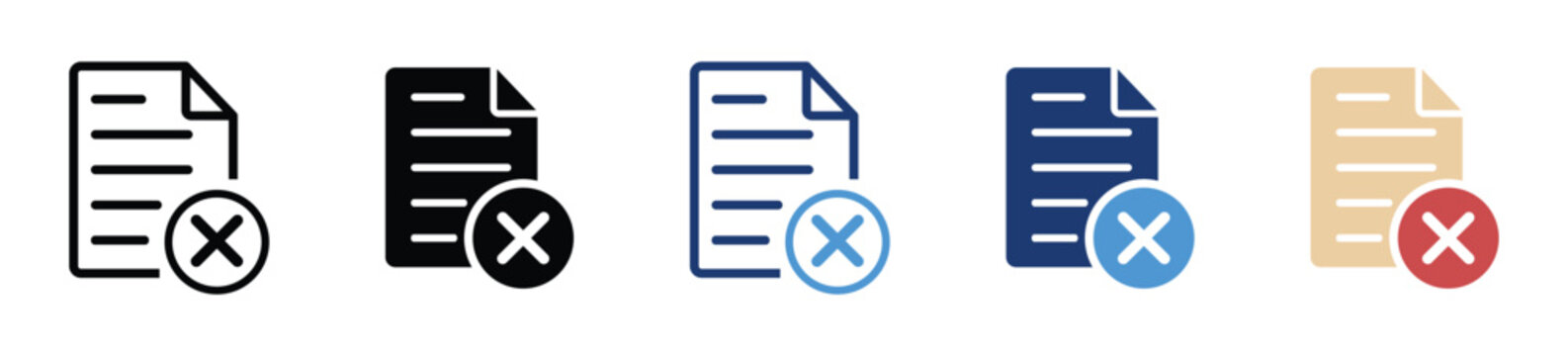 Document delete and cancel icon set with X mark, rejected file, error, remove page and declined report symbols in outline and flat styles for web and app interface design