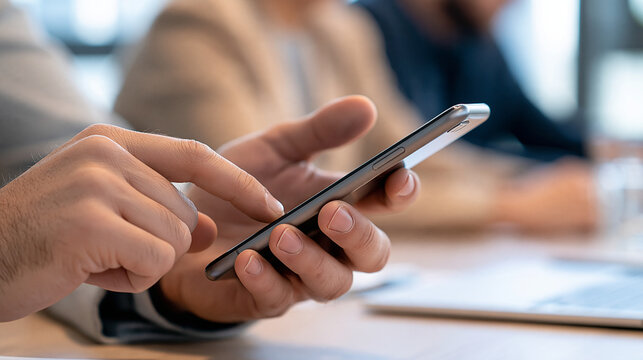Close-up hands checking incoming emails on smartphone during a business meeting, unread notifications, corporate correspondence, digital communication, workplace productivity,