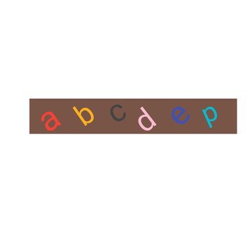 Modern alphabet illustration featuring the lowercase letters "a, b, c, d, e, p" in bright color variations, different slants and font styles, arranged aesthetically on a square background.