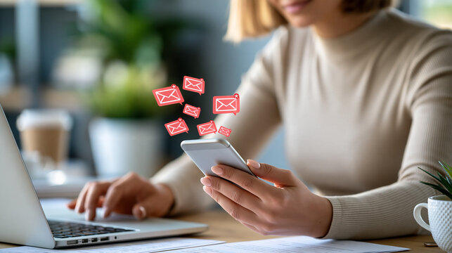 Businesswoman holding smartphone with several unread message badges while working at a desk, faceless and hands-focused composition, communication overload, multitasking, digital