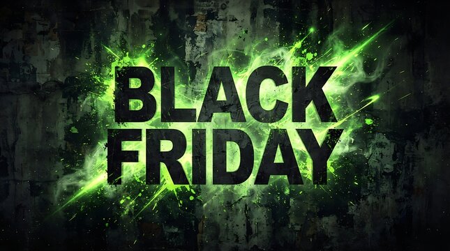 Dramatic black friday sale announcement with glowing green energy effects