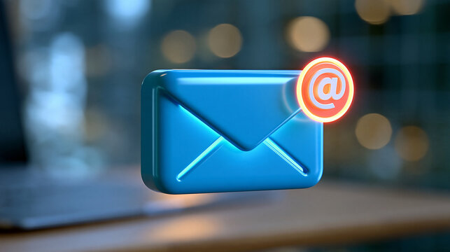 Open generic envelope icon with glowing notification badge floating over a dark blue defocused office background, new email, unread message, business correspondence, digital