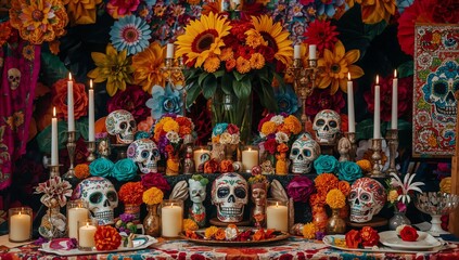 Fototapeta premium Colorful Altar for Día De Los Muertos Celebration With Flowers and Candles