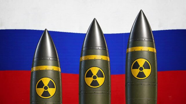 Three nuclear missiles rising in front of the Russian flag