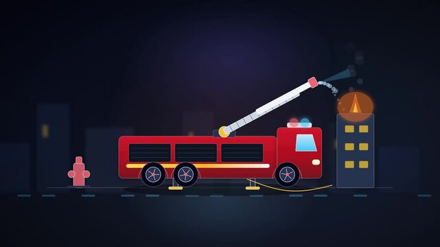 Fire Truck Engine Extinguishing Building Fire Animation