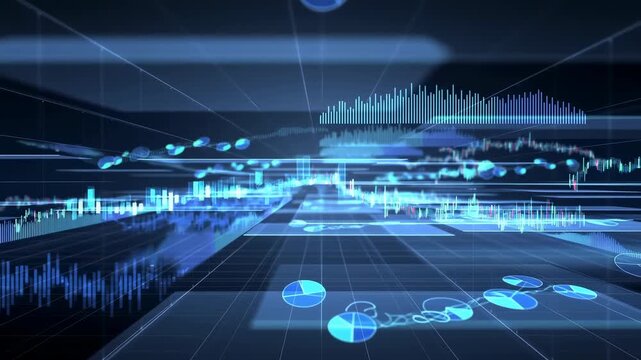 Glowing financial charts and pie graphs shift through a dark blue grid as virtual data panels, candlestick lines, and bar graphs create a layered market analytics display