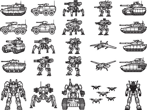 A collection of diverse military combat vehicles, including tanks, armored personnel carriers, robotic walkers, and aerial drones, presented in a stylized pixel art illustration.