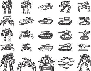 Obraz premium A collection of futuristic combat robots and armored vehicles in a detailed illustration.