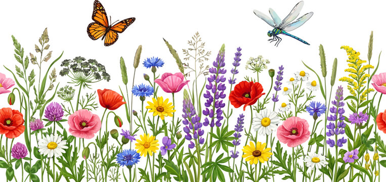 Wildflower Garden Border Illustration with Butterfly and Dragonfly Vector Graphic