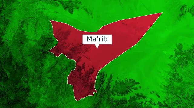 3D map animation zooming into the Marib region in Yemen