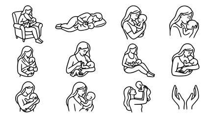 Fototapeta premium Mother Breastfeeding and Newborn Care Minimal Line Art Vector Set