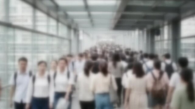 Blurred lunchtime crowd flowing along an elevated walkway in Hong Kong