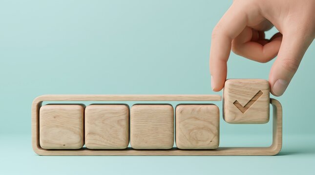 Hand placing a wooden block with a checkmark symbol into a row of blank wooden blocks on a light blue background representing completion or a task