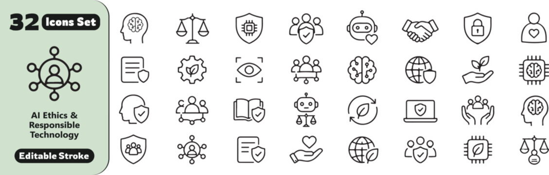 32 AI Ethics Vector Outline Icons Set &ndash; Responsible Technology, Privacy, Security, Fairness and Artificial Intelligence Line Symbols Collection